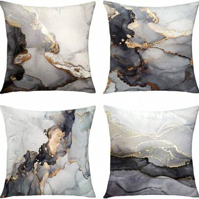 4 件大理石纹理、黑色和金色银色装饰枕套、奢华抽象流体艺术墨水、柔软枕套、沙发、客厅、方形靠垫套、单面、无枕头