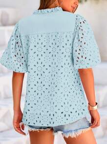 Women's Casual Summer V Neck Puff Short Sleeve Hollow Out Eyelet Embroidery Button ShirtSpring Fashion Beach Vacation Holiday Boho Blouse Top Outfits - 淺藍色 - 查看 2