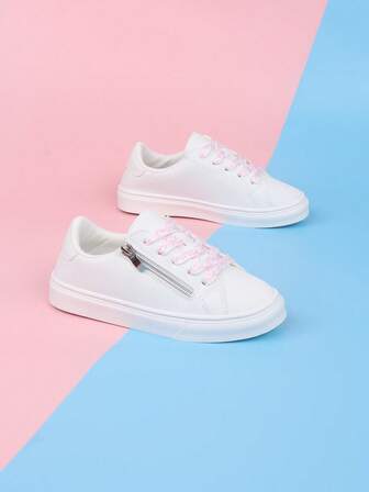 1 Pair Kids PU Leather Lace Up Zipper Side Classic Students Shoes, Thick Non-Slip Soft Bottom Casual Sneakers Suitable For All Seasons