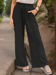 SANOPY Women's Pants,Scrub Pants For Women,Pants For Women,Wide Leg Pants Woman,Women's Palazzo Pants Flowy Wide Leg Beach Cotton Pants With Pockets - màu đen - Xem 1