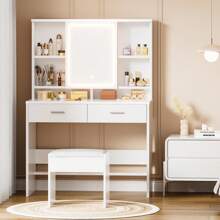 Devoko GUNJI Large Dressing Table With Mirror, White Dressing Table With LED Lighting, 3 Brightness Levels Adjustable, Dressing Table With Drawers, Open Shelves - White - View 4