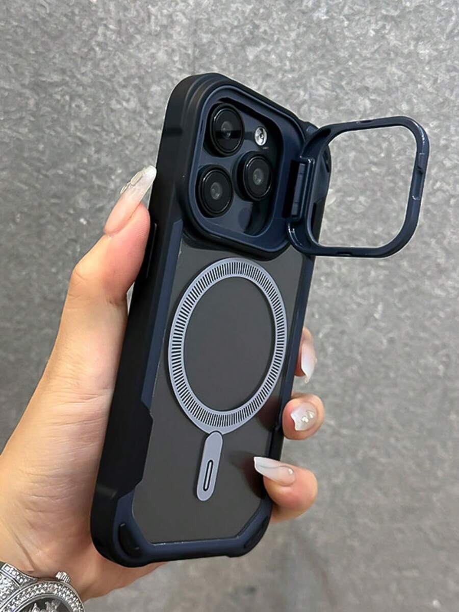 奢华磨砂镜头支架磁吸无线充电手机壳适用于 16 15 14 13 12 Pro Max 11 16Plus 防震保护壳 防水防摔防刮 - 黑色 - 查看 1