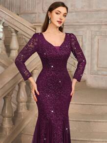 MIUSOL 亮片花卉蕾丝深V领长袖网纱鱼尾晚礼服/婚礼宾客礼服/正式礼服，适合情人节、春季优雅派对 - 紫紅色 - 查看 9