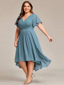 EVERPRETTY Plus Size Women Double V-Neck Ruffles Sleeve A-Line Chiffon Midi Wedding Guest Dress, Bridesmaid Dress