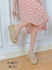 女士时尚系带坡跟凉鞋，厚底编织厚底凉鞋，优雅百搭，适合大学生，四季皆宜，简约实用的花卉图案拖鞋 - 米色 - 查看 1