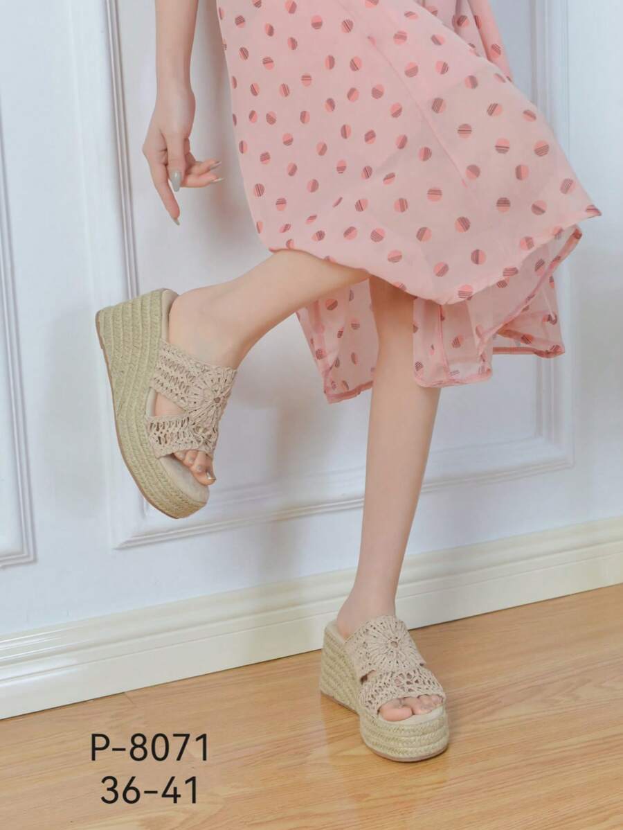 女士时尚系带坡跟凉鞋，厚底编织厚底凉鞋，优雅百搭，适合大学生，四季皆宜，简约实用的花卉图案拖鞋 - 米色 - 查看 1