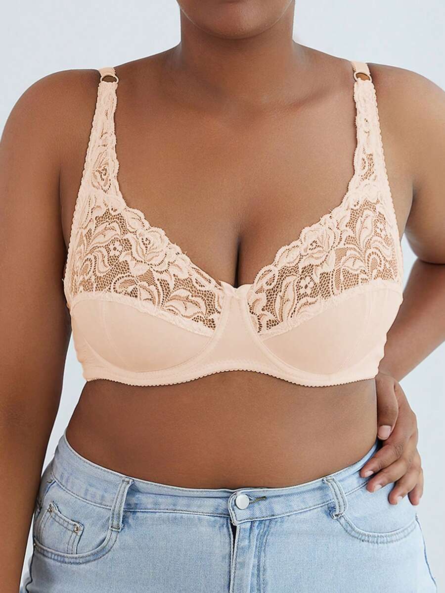 Plus Size Thin Lace Underwired Bra, Sexy Solid Color Women Lingerie, Lift