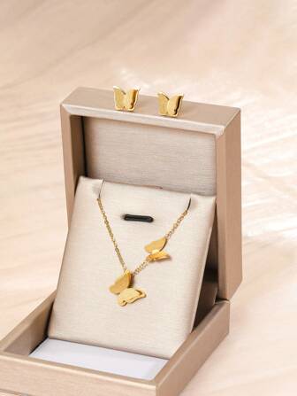 2 件/套精美喷砂蝴蝶项链和耳钉，适合少女，精致优雅的派对宴会珠宝，送给朋友的生日礼物，适合日常佩戴的黄金珠宝