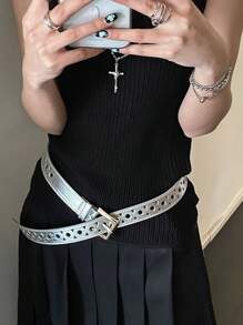 1pc Punk Y2K Style Glossy Hollowed-Out Women Personalised Belt, Fit For Skirts, Jeans, Casual Solid Color PU Leather Belt, Minimalist Fashion For Spring And Summer