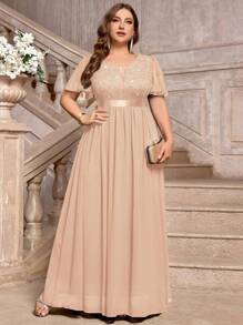 Plus Deep V-Neck Sequin Lace Ruffle Mesh Sleeve Contrast Chiffon Formal Party Long Dress