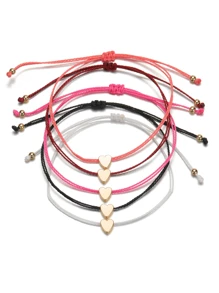 Set de 5 pulseras con dijes en forma de corazón de estilo bohemio - Diseño trenzado ajustable de cuerda colorida para atuendo casual y regalo - Multicolor - Ver 3