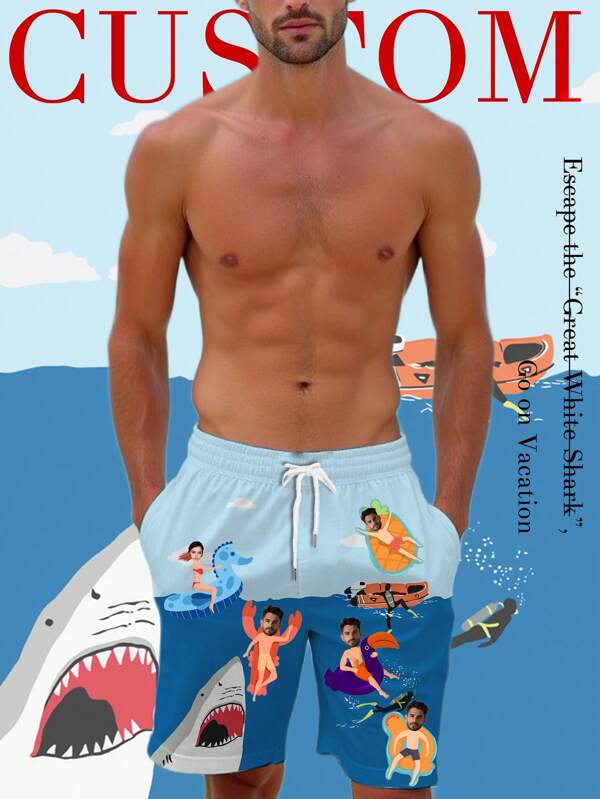 2025 New Arriavl Summer Vacation Escape The Shark Custom Photo Beach Shorts, Love My Wife, Men Beach Shorts With Face, Man Swimsuit, Valentine Gift For Husband Him, Boyfriend Birthday Gift