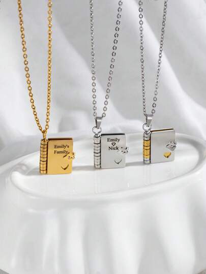1pc Minimalist Custom Engraved Envelope Pendant Necklace,Personalized DIY Letter Notebook Necklace With Heart,Custom Engraved Multiple Texts Photo Couple Necklace,Romantic Gifts For Her,Friendship Gifts,Anniversary Gifts,Valentine's Day Gifts