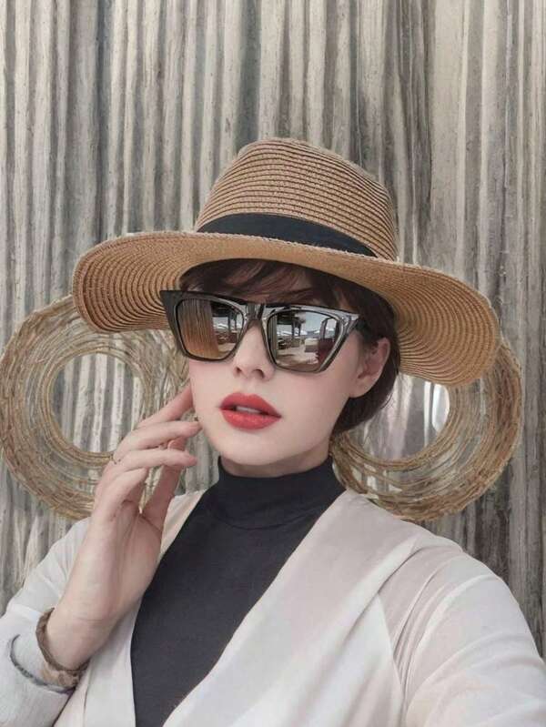 1pc Wide Brim Vacation Beach Hat, Women Raffia Sun Hat, Floppy Straw Hat For UV Protection