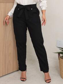 Calça Social Feminina Alfaiataria em Linho Cintura Alta Cinto Fake Laço - Preto - Visão 2