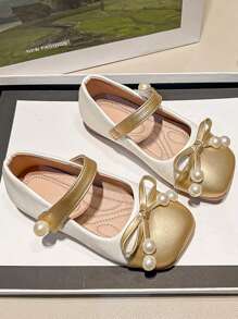 Girls Leather Shoes, 2025 Autumn-Spring New Bow Pearl Fashion Performance Stylish Kids Princess Flats For Toddler & Big Girls