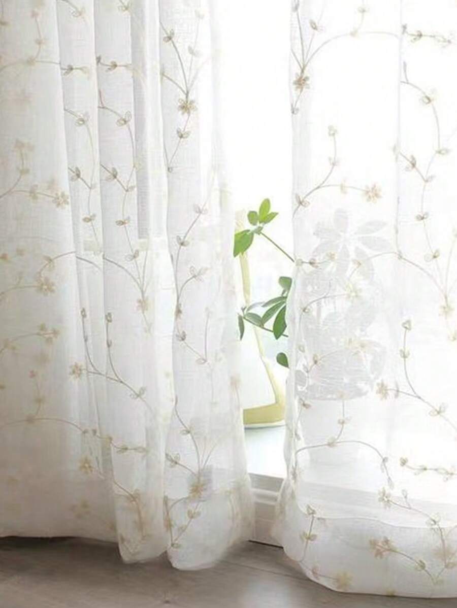 1 件透明花卉刺绣薄纱窗帘，美式乡村风格涤纶，适合客厅卧室居家使用