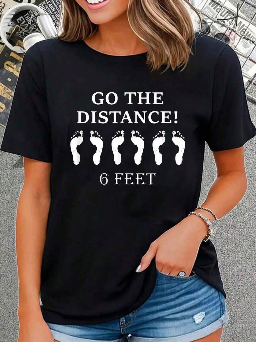 Ve a la distancia de 6 pies para el distanciamiento social, Camiseta informal de moda, Camiseta de cuello redondo de manga corta, Blusa de algodón para mujer - Negro - Ver 1