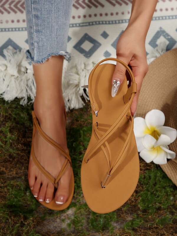 Sandálias planas elegantes da moda feminina, sapatos casuais com design de faixa elástica aberta, sola de borracha antiderrapante para uso casual ao ar livre