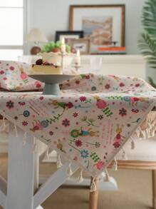 Bubaba 1pc Multi-Color Cartoon Flower Rectangular Tablecloth, Rustic Farmhouse Style Linen Print With Beige Tassel Decor, Suitable For Dining Room Round Table, Kitchen, Party, Holiday Celebration, Hotel, Cafe, Bedroom, All Seasons