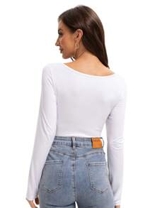 LKESRC Women's Long Sleeve Shirt Soft V-Neck Top Fitted Tight Solid Color Basic T-Shirt - 白色 - 查看 2
