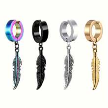 4pcs/Set Punk Hip-Hop Earrings, Men Creative Feather Ear Clips, Stainless Steel Fashion Style Ear Jewelry