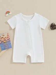 0-24M Baby Summer Romper Casual Short Sleeve Round Neck Zip Up Jumpsuit Infant Clothes - trắng - Xem 1