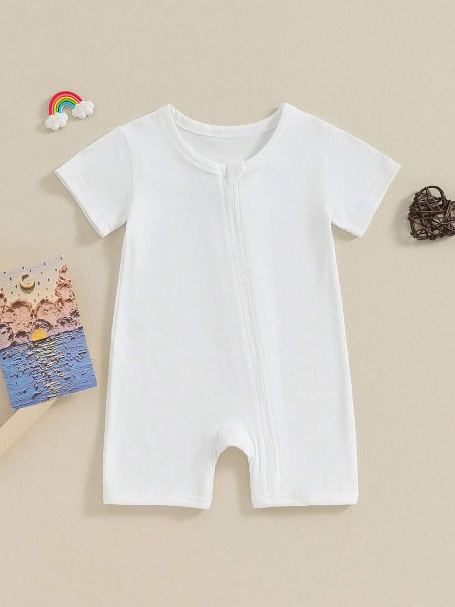 0-24M Baby Summer Romper Casual Short Sleeve Round Neck Zip Up Jumpsuit Infant Clothes - trắng - Xem 1