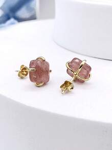 1 对优雅珠宝天然粉红草莓石英水晶石 18K 镀金爪形耳钉 适合女性日常聚会婚礼礼物 - 粉色 - 查看 3