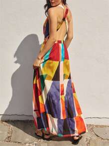 Women's Backless Beach Dress - Sleeveless Geometric Print Maxi Sundress With Deep V-Neck & Functional Pockets, Lightweight Poolside Cover Up For Resorts/Summer Vacations/Tropical Trips