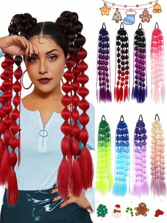 1pc Long Multicolor Braided Ponytail, Black Purple Pink Blue Green Yellow Bubble Ponytail Extensions For Women 26 Inch Wraparound Ponytail African Fluffy Ponytail Extensions, Curly Braided Straight Textured Hairband Ponytails For Christmas And Other Holidays