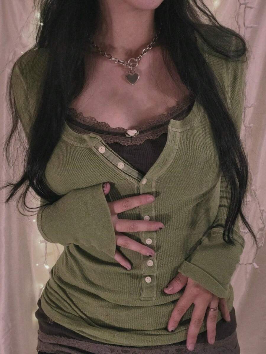 Women Y2k Long Sleeve Tops Slim Fit T-Shirt Contrast Color Scoop Neck Button Shirts Fairy Grunge Vintage Cotton Going Out Tops Aesthetic Clothes Streetwear Fall Spring Outfit - 綠色 - 查看 1