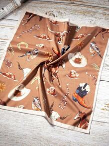 1pc Women's Fashion Western Pattern Bandana - Versatile Cowboy Bull & Horse Graphic Design, Polyester Material, Suitable For Daily Stylish Matching For Dress - Brown - View 3