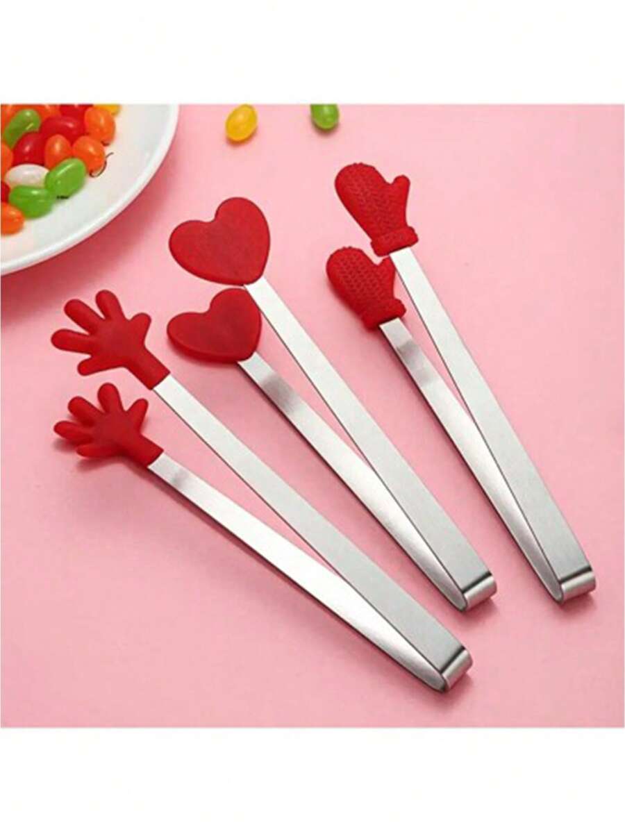 3个装创意硅胶食物冰夹办公室零食甜品小吃蛋糕不脏手食物夹食品夹小号手掌防滑冰夹不锈钢迷你食物夹硅胶食物夹方糖夹 - 彩色 - 查看 1