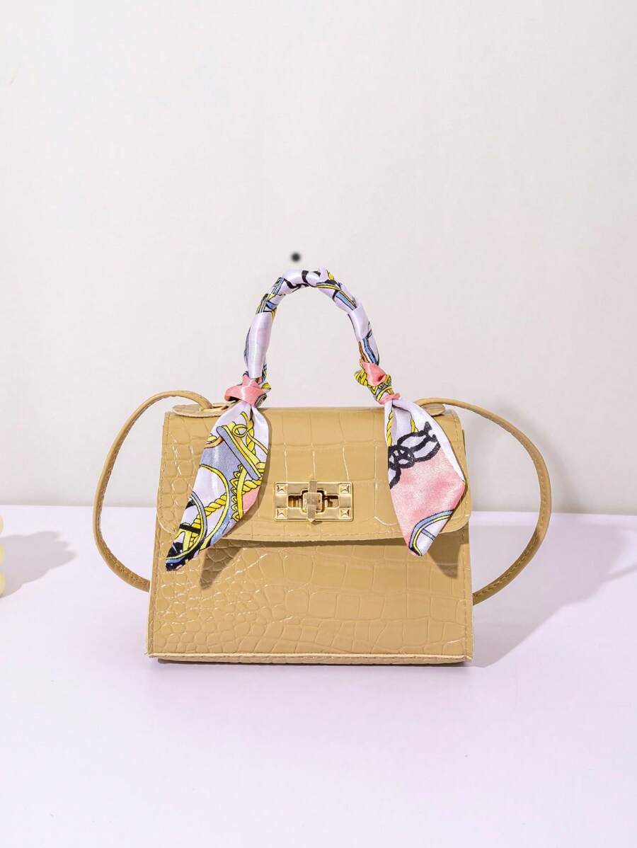 1pc Girls Mini Solid Color Crossbody Bag With Scarf Decor, Handheld Purse, Ideal Gift, Suitable For Daily Use - Khaki - View 1