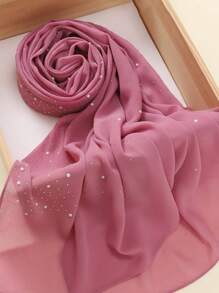 1pc Heavily Embellished Chiffon Rhinestone Hijab Scarf For Abaya - Dusty Pink - View 17