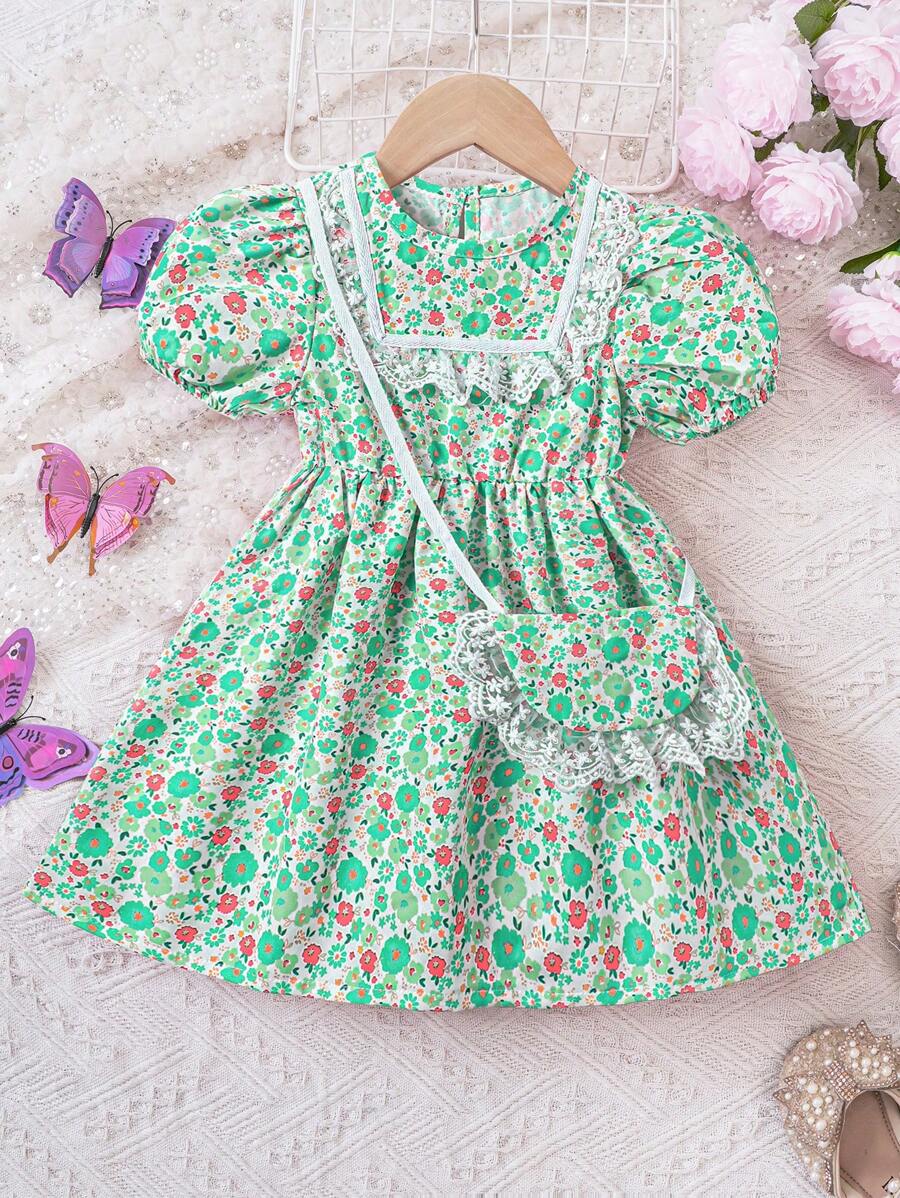 年轻女孩甜美碎花蕾丝边休闲夏装 - 綠色 - 查看 1