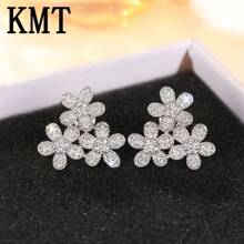2pcs Copper Alloy Encrusted Cubic Zirconia Flower Stud Earrings, Elegant & Luxurious, Suitable For Daily, Party & Banquet