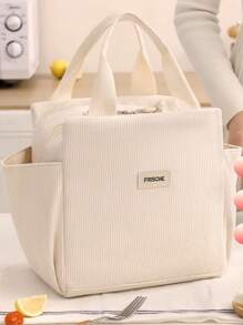 Large Capacity Cute Love Printing Design Corduroy Insulated Lunch Bag With Zipper, Lunchbag For Women, Reusable Insulated Lunch Box, Lunch Kit, Large Capacity Reusable Insulated Cooler For Work Picnic Or Travel - Multicolor - View 5