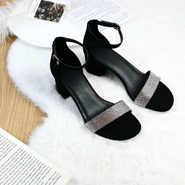 Fashionable Rhinestone Strap Thick Heel Sandals, Women Rhinestone Decor Thick Heel Sandals, Stylish Buckle Strap Summer Sandals, Comfortable Dress Shoes