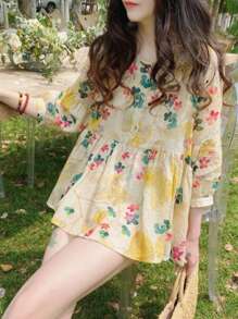YUXIN Summer New Loose Sweet 3/4 Sleeve Round Neck Ruffle Blouse, Fashionable Bat Wing Design Ditsy Floral Shirt
