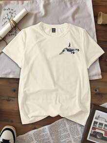 女式复古虎鲸与波浪与字母印花休闲短袖 T 恤，夏季 - 杏色 - 查看 2