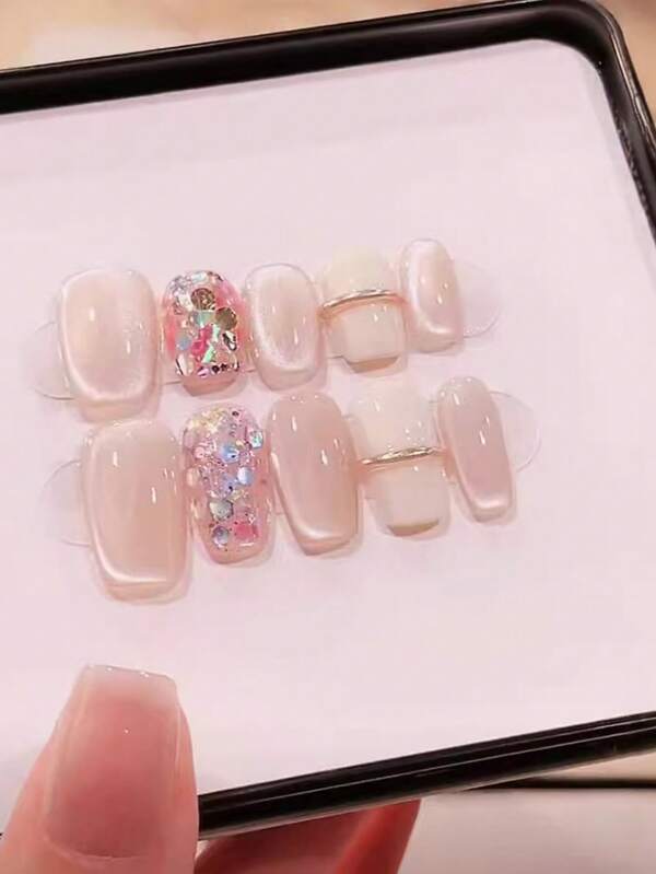10pcs Handmade Square Short Nail Forms Set, Pink Glossy Finish, With Glitter And Cat Eye Accents, With Adhesive Tabs Included
