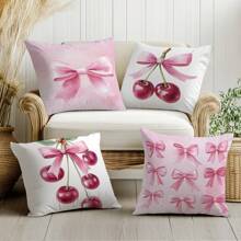 4pcs 17.7*17.7in(45*45cm) Pink Cherry Blossom Bow Print Pillow Cover [Single-Sided Printing] Home Decor Headboard Cushion Sofa Pillow Sham Peach Velvet Windowsill Cushion Cover [Pillow Insert Not Included], Suitable For Daily Use, Home High-End Minimalist Self-Use Decoration, Living Room Sofa Bedroom Bedhead Decoration, Small Car Pillow Cover Pillowcase