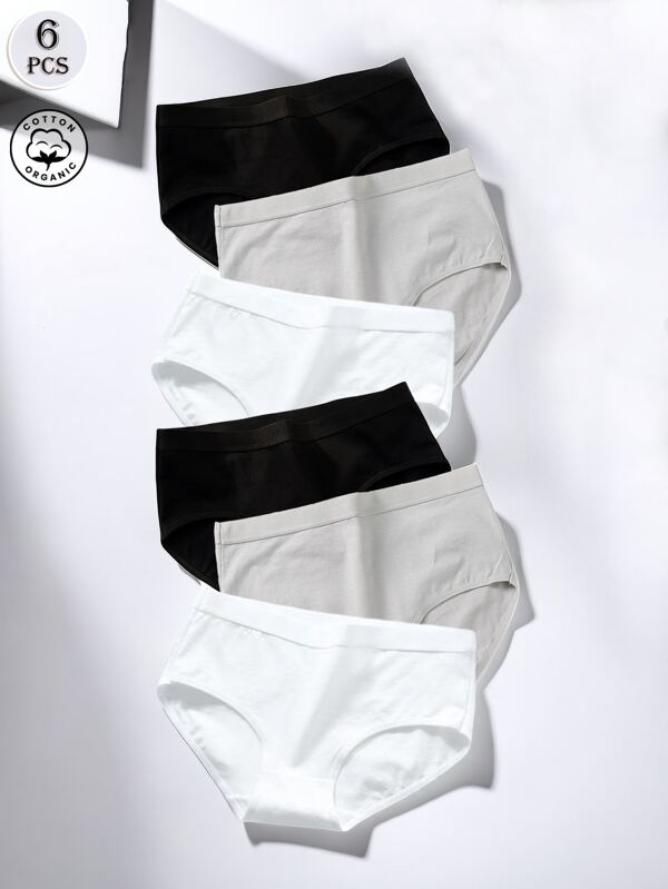 6pcs Women's Solid Color Casual Minimalist Comfortable Breathable Mid-Waist Cotton Panty