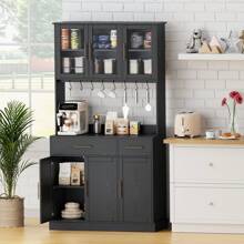 71" H Tall Kitchen Storage Cabinet With Doors, Shelves, Drawer - Black - View 7