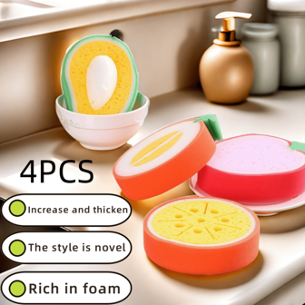 4 piezas Esponjas para lavar platos con diseño de frutas, paños de limpieza de cocina resistentes, almohadillas de estropajo para eliminar el aceite