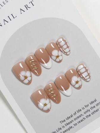 YINZIJIA 10 piezas de uñas postizas con perlas rosadas tipo nácar y flores francesas prensadas, de estilo elegante ballet para niña, de forma de almendra corta, blanqueadoras, de alta gama, de atmósfera pura, hechas a mano y reutilizables