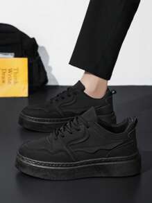 Men Outdoor Casual Sports Shoes - Fashionable Lightweight Waterproof Sneakers - Comfortable New Thick Sole Skateboarding Shoes - Loose Fit All Season Anti-Slip Sliding Safe Plus Size Leather Shoes - Black - View 3