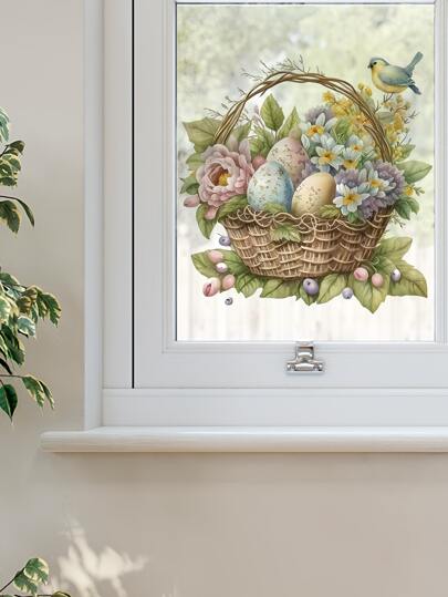 1pc Easter Egg And Flower Window Sticker - Double-Sided Electrostatic Sticker, Suitable For Windows, Walls, Bedrooms And Living Rooms. A Lovely Spring Home Decor Gift, A Birthday Or Graduation Gift For Family And Friends. Suitable For Room Decor, Wall Decoration, Bathroom Decoration, Bedroom Decoration, Living Room Decoration, House Decoration, Home Decor, Living Room Wall Art, Wallpaper Stickers, Personalized Stickers.